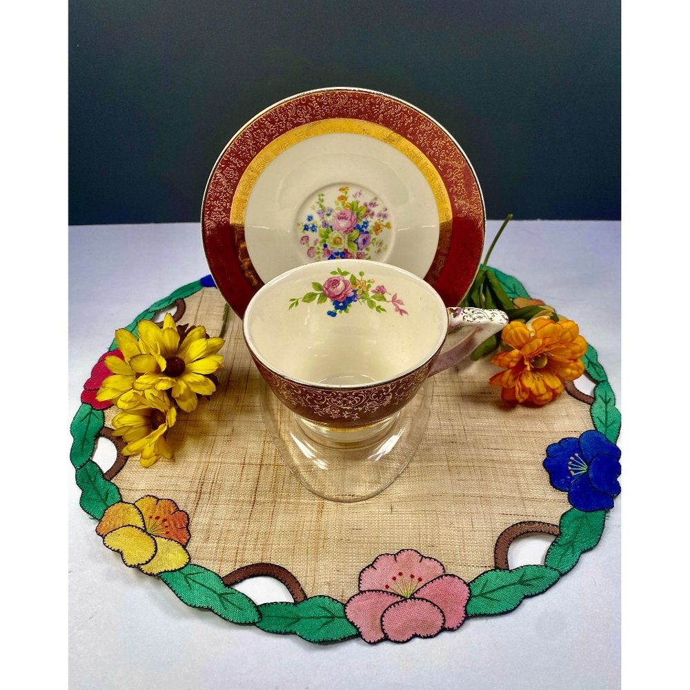 Aristocrat by Salem century maroon set 4 pieces, tea cup set, 23K gold encrusted - Picture 12 of 16